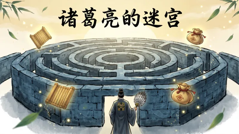 画面中央是一座由水墨线条勾勒的巨型八卦迷宫，青灰色石墙层层环绕，迷宫入口处站立一位手持羽扇、身着八卦袍的智者背影，四周漂浮着发光的竹简与锦囊，天空呈现淡金色晨曦，整体采用中国风水墨渲染风格，布局上迷宫占据画面三分之二，人物位于下方居中，顶部留白处用毛笔字体书写“诸葛亮的迷宫”，细节包括石墙纹理、飘落的竹叶、微光粒子，画质清晰干净，无多余元素