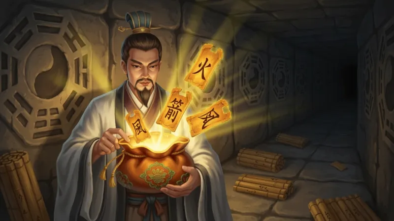 画面展示一位古装谋士在昏暗迷宫通道中打开一只发光的锦囊，锦囊中飞出数枚写有“火”“箭”“风”字样的符牌，通道两侧石壁刻有八卦纹路，地面散落竹简，光线从锦囊处向四周扩散形成暖黄色光晕，整体为厚涂国风插画风格，主体人物居中偏左，右侧留出迷宫纵深，细节强调符牌质感与石壁雕刻，画质细腻干净，画面中不出现多余杂物