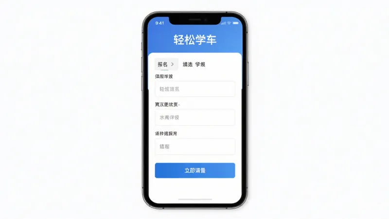 轻松学车APP报名界面预览图,手机屏幕展示报名信息填写页面,主体为手机与表单,布局居中,排版简洁,风格现代扁平化,细节包含输入框与按钮,画质清晰干净无多余元素