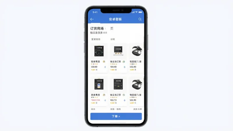 铱云易订货安卓版登录界面预览图,主体为手机屏幕展示订货商城首页,布局为居中手机样机加浅色背景,排版简洁,风格商务清爽,细节包含商品列表与下单按钮,画质清晰干净无多余元素
