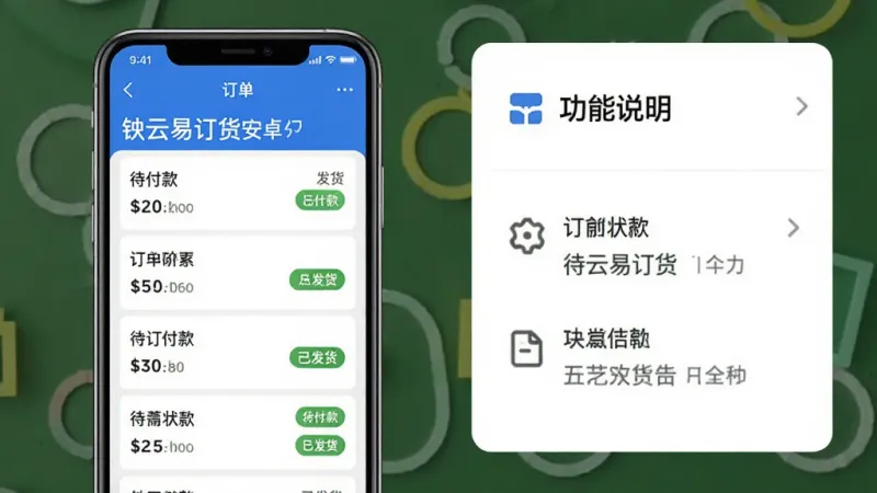 铱云易订货安卓版订单管理界面预览图,主体为手机屏幕展示订单列表与状态标签,布局为左侧手机右侧功能说明卡片,排版清晰,风格简约商务,细节包含待付款已发货等状态,画质清晰干净无多余元素