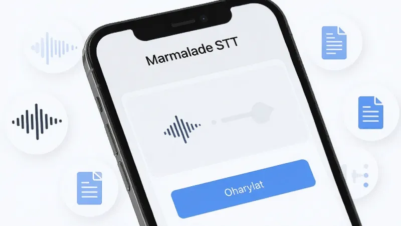 一张展示 Marmalade STT 软件主界面的手机屏幕效果图,画面中央是简洁的语音转文字操作面板,顶部有软件名称“Marmalade STT”字样,界面采用浅色背景搭配蓝色强调按钮,周围环绕着声波图标与文档图标,整体风格清爽现代,画质清晰,干净无多余元素