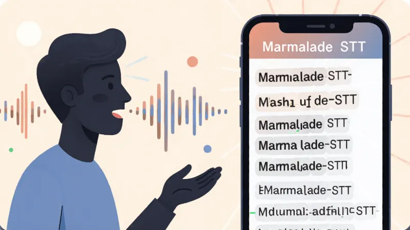 一张表现 Marmalade STT 实时语音转文字功能的场景图,画面左侧是正在说话的人物剪影与声波线条,右侧是手机屏幕中逐字浮现的文字段落,屏幕上方标注“Marmalade STT”软件名称,整体采用扁平化插画风格,色调明亮柔和,构图均衡,画质细腻干净