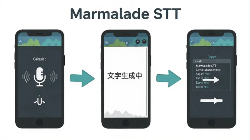 一张展示 Marmalade STT 在手机端操作流程的示意图,画面分为三个步骤:点击麦克风录音、文字生成中、导出文本,每个步骤配以手机屏幕简图与箭头连接,软件名称“Marmalade STT”标注在画面顶部,风格为扁平化教程图示,配色清新,画质干净清晰