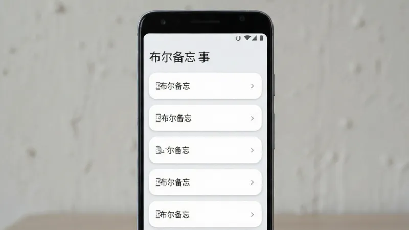 一张展示布尔备忘软件主界面的手机屏幕效果图,画面中央是一部竖放的安卓手机,屏幕显示极简风格的记事列表,顶部有“布尔备忘”四个中文字,背景为浅灰白色,列表条目使用圆角卡片排列,整体风格干净清爽,细节清晰,画质高清,无多余装饰元素