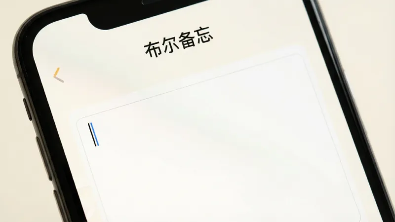 一部手机屏幕特写,画面中布尔备忘应用刚刚打开,输入光标在空白记事框内闪烁,界面顶部有“布尔备忘”字样,背景为柔和的米白色,画面风格简约清新,细节锐利,画质干净