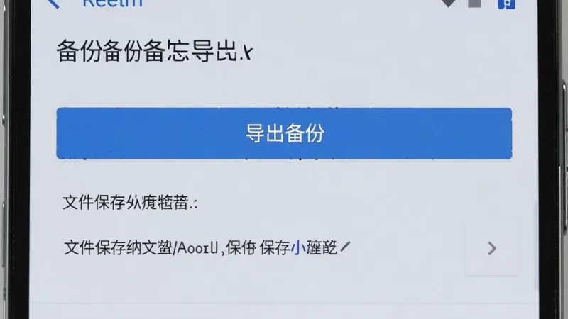 一部安卓手机屏幕显示布尔备忘的备份导出设置页面,画面中有“导出备份”按钮和文件保存路径选项,界面风格简洁,背景为浅色,画质清晰,细节干净