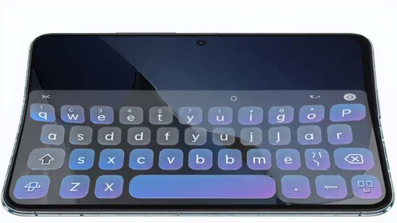 一张展示 Liquid Glass Keyboard 手机输入法界面的产品展示图,主体为一部竖屏安卓手机,屏幕底部显示半透明磨砂质感的键盘区域,按键呈圆角矩形并带有蓝紫渐变光泽,手机背景为深色渐变壁纸,布局为居中构图,手机略微倾斜,风格为现代科技感产品渲染,细节包含键盘按键上的字母清晰可见、玻璃反光边缘、柔和的环境光,画质高清,画面干净,无多余元素