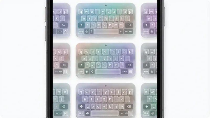一张展示 Liquid Glass Keyboard 主题皮肤选择界面的图片,主体为手机屏幕上的主题画廊,布局为网格状排列多张不同配色的半透明键盘预览卡片,风格为清新科技风,细节包含每张卡片上的玻璃质感按键、渐变色彩过渡自然、卡片圆角设计,画质清晰,画面干净,无多余元素