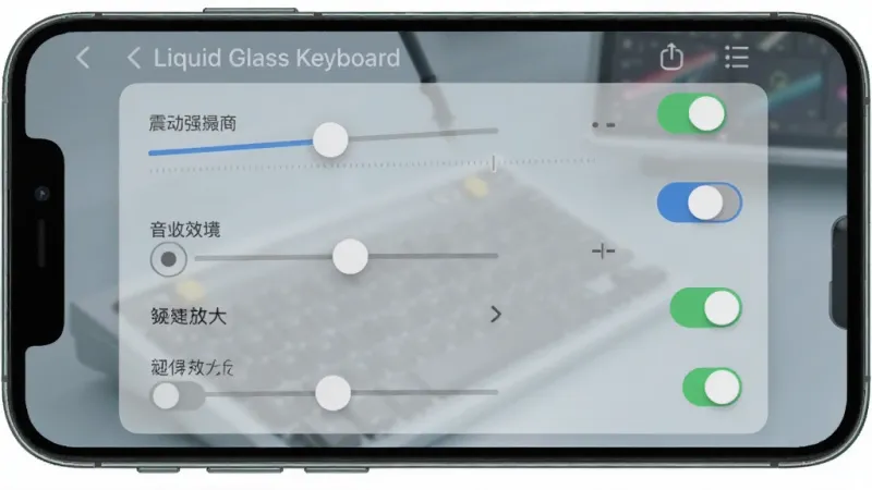 一张展示 Liquid Glass Keyboard 设置面板的图片,主体为手机屏幕上的自定义选项列表,布局为纵向排列的滑块和开关控件,风格为简洁设置界面,细节包含震动强度滑块、音效选择列表、按键放大开关、半透明玻璃质感的界面背景,画质高清,画面干净,无多余元素