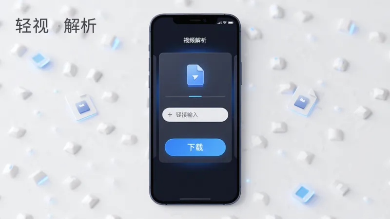 主体为一部智能手机居中放置,屏幕内显示简洁的视频解析下载界面,包含链接输入框与下载按钮,布局采用左右对称的卡片式排版,风格为扁平化科技感,细节上加入蓝色光效与文件图标点缀,画质为高清渲染,干净无多余元素,画面中打文字“轻视解析”