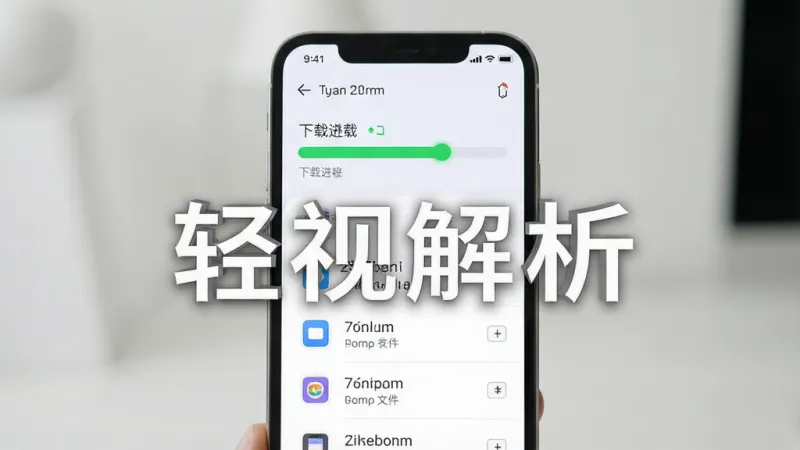 主体为手机屏幕显示下载进度条与已完成文件列表,布局为上下分层结构,风格为清爽扁平化设计,细节上进度条带有绿色完成标识,画质高清,干净无多余元素,画面中打文字“轻视解析”