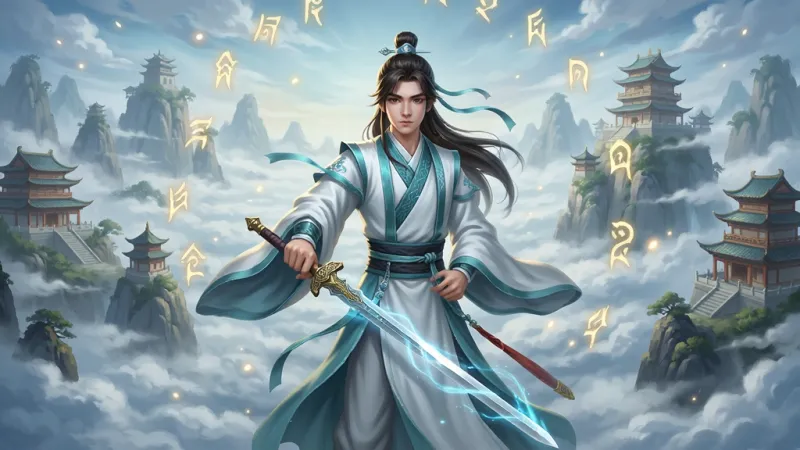一幅东方仙侠风格的竖版游戏宣传图,画面中央是一位身着青白色道袍的年轻修行者手持长剑立于云端,背景为层叠的仙山楼阁与流动的云海,天空中有金色符文飘散,整体布局为人物居中、远景辽阔,风格为国风数字绘画,细节包含衣纹褶皱、剑身流光、山体纹理与云雾层次,画质清晰细腻,画面干净无多余元素,图中不出现文字