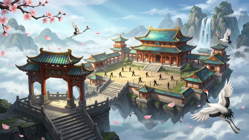 一幅国风仙侠游戏场景概念图,主体为一座悬浮于云海之上的仙门宗派建筑群,布局为近景石阶与牌坊、中景大殿与练武场、远景群山与飞瀑,风格为东方幻想数字绘画,细节包含琉璃瓦顶、朱红立柱、飘落的桃花瓣与环绕的仙鹤,画质细腻,画面干净,无多余装饰元素,图中不出现文字