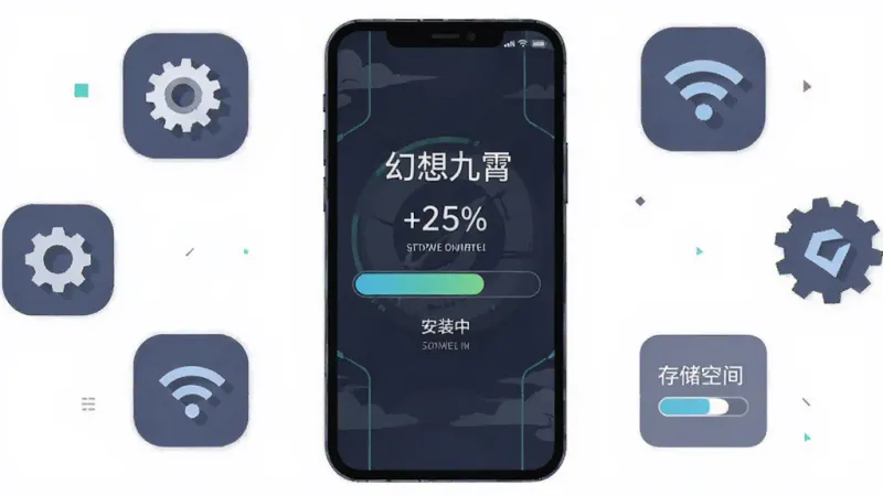 一部智能手机屏幕显示仙侠游戏安装进度界面,主体为手机与进度条,布局为手机居中、周围环绕设置图标与存储空间示意元素,风格为扁平化科技插画,细节包含进度百分比、齿轮图标、WiFi信号符号,画质清晰,画面干净,无多余元素,图中文字为
