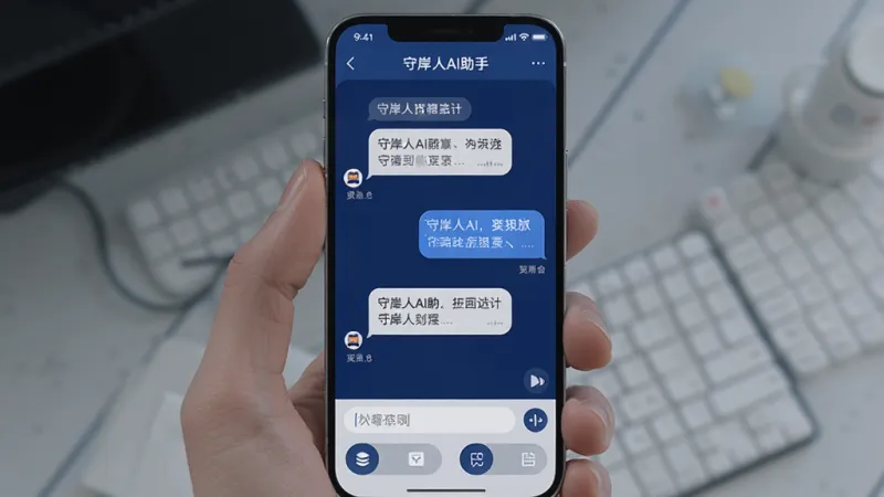 一张展示智能手机屏幕的图片,画面中央是守岸人AI助手应用界面,界面布局简洁,上方为对话标题栏,中间为聊天气泡区域,下方为输入框与功能按钮,整体采用深蓝与浅灰配色,风格现代科技感,细节清晰,画质干净,无多余元素