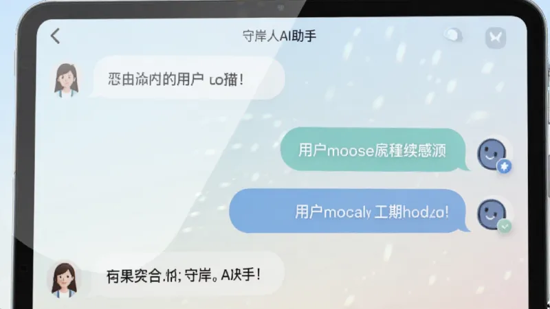 画面主体为守岸人AI助手的对话界面特写,屏幕中显示多轮问答气泡,左侧为用户提问,右侧为助手回复,气泡圆角设计,配色柔和,背景为浅色渐变,风格清新简洁,细节表现屏幕反光与图标质感,画质干净,无多余元素