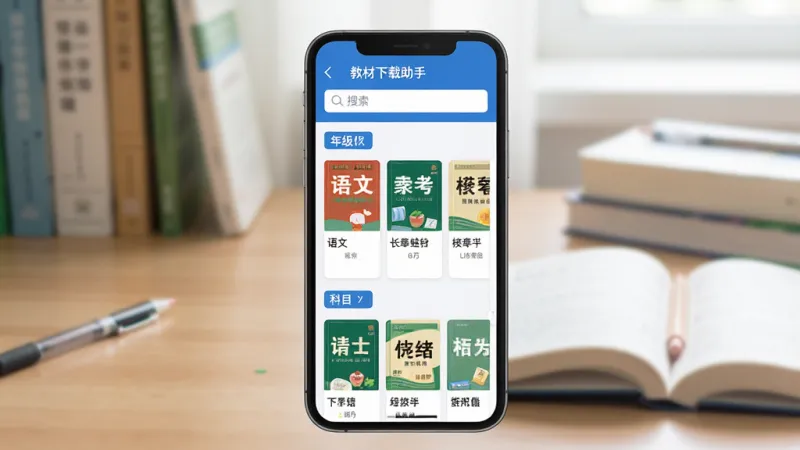 教材下载助手软件主界面展示,画面中央是一部智能手机,屏幕上显示教材下载助手的首页,顶部有搜索框,下方按年级和科目排列着整齐的教材封面卡片,包含语文数学英语等科目,界面风格清新简洁,蓝白配色,背景是模糊的书桌和课本场景,整体明亮干净,高清画质,无多余元素