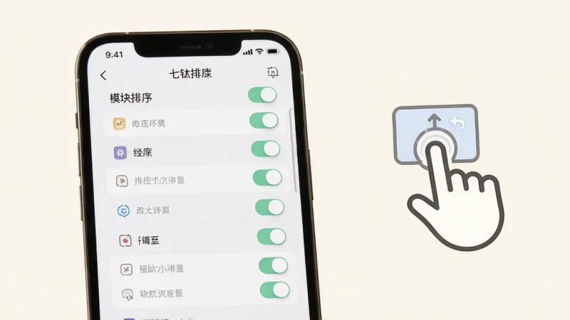 七钛空间个性化设置界面展示，手机屏幕内呈现模块排序列表与开关选项，旁边配以拖拽排序的示意手势图标，背景为柔和米白色，风格清新素雅，细节精致，画质干净