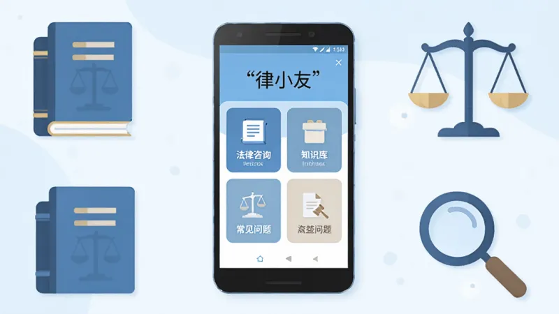 画面中央放置一部安卓手机，手机屏幕显示“律小友”应用主界面，界面包含法律咨询、知识库、常见问题等卡片式入口，手机周围环绕法律书籍、天平、放大镜等简洁图标元素，整体采用扁平化插画风格，浅蓝色与白色为主色调，布局居中对称，细节干净清晰，文字使用引号标注“律小友”，画质高清，无多余装饰元素