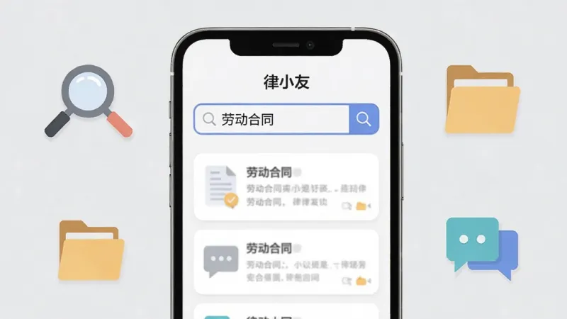 画面展示一部手机屏幕特写，屏幕中呈现“律小友”搜索框与结果列表界面，搜索框内显示“劳动合同”字样，结果列表以卡片形式排列，旁边配以放大镜、文件夹、对话气泡等扁平化图标，背景为浅灰色，风格简洁清爽，布局为手机居中、元素环绕，文字标注“律小友”，画质清晰，无杂乱元素