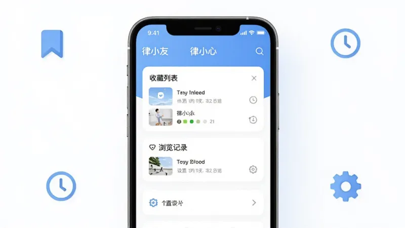 画面为手机应用界面展示图，屏幕中显示“律小友”个人中心页面，包含收藏列表、浏览记录、设置等模块，界面采用卡片式布局，配色以白色和浅蓝为主，周围点缀书签、时钟、齿轮等小图标，风格清新简约，手机居中放置，背景干净，文字标注“律小友”，画质高清，无多余元素