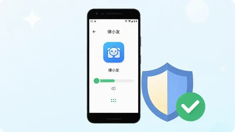 画面展示一部安卓手机正在进行应用安装的界面，屏幕上显示安装进度条与“律小友”应用图标，手机旁边放置一个盾牌图标与对勾符号，背景为浅色渐变，风格扁平化，布局简洁，手机居中，文字标注“律小友”，画质清晰，无多余元素