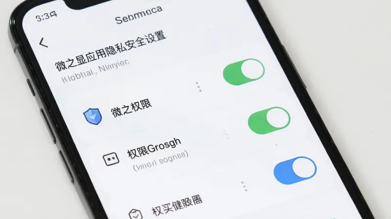微之显应用隐私安全设置页面,主体为手机与权限开关列表,布局纵向排列,风格清爽简约,细节包含盾牌图标与开关按钮,画质清晰干净无多余元素