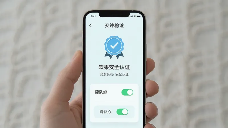 手机屏幕展示交友软件安全认证页面,主体为一部竖屏手机,布局居中,排版简洁,风格清新浅色,细节包含认证徽章与隐私开关图标,画质清晰,干净,无多余元素