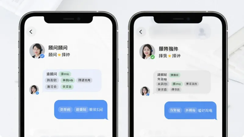 交友软件顾问服务沟通界面,主体为手机屏幕与对话气泡,布局左右分栏,排版清晰,风格简约商务,细节包含顾问头像与择偶标签,画质清晰,干净,无多余元素