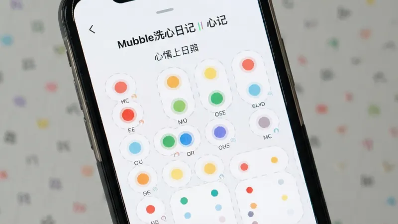 Mubble洗心日记 心情日历 彩色圆点 手机屏幕 清爽界面 布局居中 风格简约 细节清晰 画质干净 无多余元素