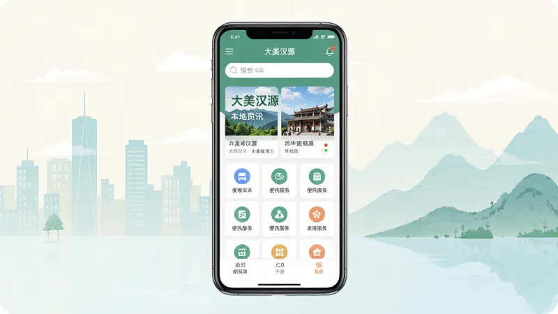 一张手机应用界面展示图,画面中央是一部竖屏智能手机,屏幕上呈现