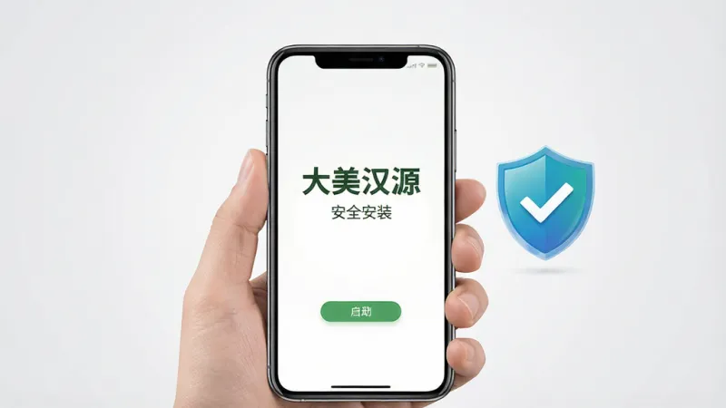 一张手机应用安装与使用场景示意图,画面中一只手握持手机,屏幕显示
