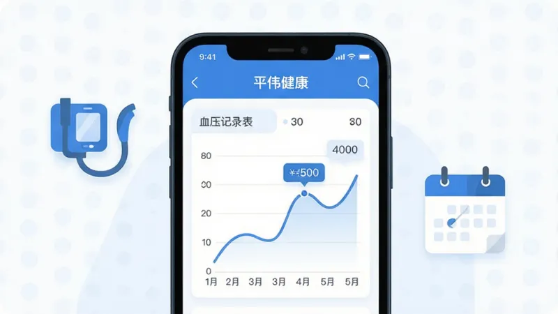 主体为“平伟健康”应用的数据记录页面截图风格插画，画面中央为一部手机，屏幕显示血压记录表单与折线趋势图；布局为手机居中，左侧漂浮血压计图标，右侧漂浮日历图标；排版清晰，重点突出趋势曲线；风格为清爽扁平化UI风格，蓝白配色；细节上数值标签清楚、图表线条流畅；画质高清，干净，无多余元素