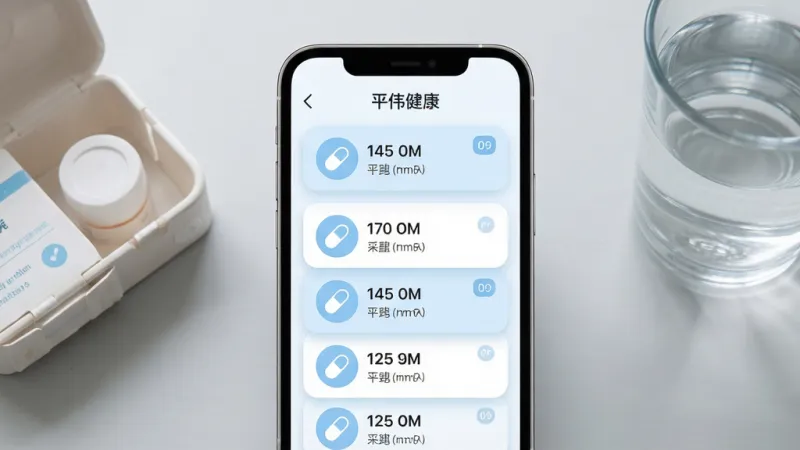 主体为“平伟健康”用药提醒功能展示图，画面中央为手机屏幕显示多条用药提醒卡片，卡片上有药丸图标与时间标签；布局为手机居中，背景为浅灰色桌面，旁边放置药盒与水杯；排版整齐，卡片层次分明；风格为柔和圆角卡片风，浅蓝与白色搭配；细节上时间文字清晰、图标简洁；画质高清，干净，无多余元素