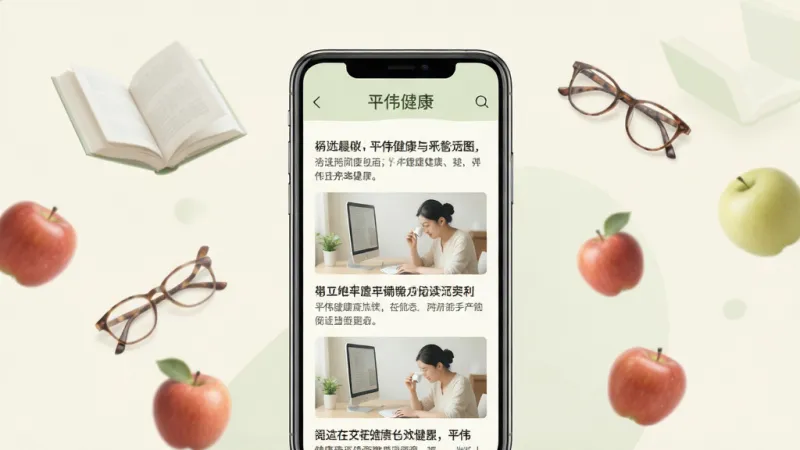 主体为“平伟健康”科普阅读页面示意图，画面中央为手机屏幕显示文章列表与配图，文章标题清晰；布局为手机居中，周围漂浮书本、眼镜、苹果等元素；排版疏朗，阅读感舒适；风格为清新浅色阅读风，米白与淡绿搭配；细节上文字排版工整、配图柔和；画质高清，干净，无多余元素