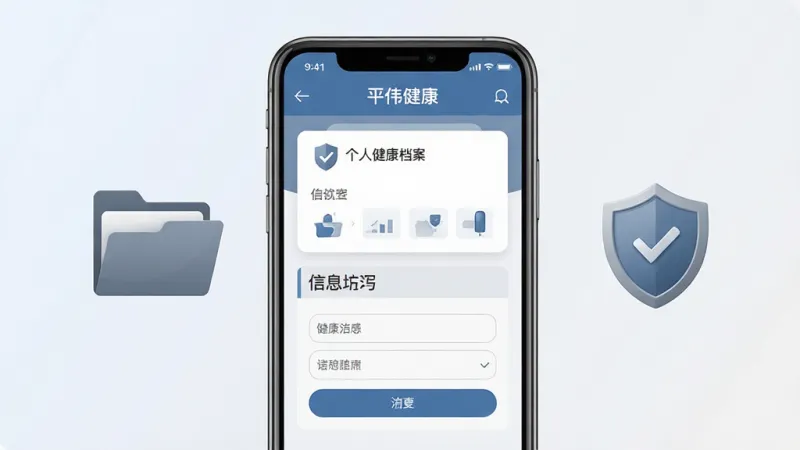 主体为“平伟健康”个人健康档案页面展示，画面中央为手机屏幕显示档案卡片与信息填写项；布局为手机居中，背景为浅色渐变，旁边点缀文件夹与盾牌图标象征信息安全；排版规整，信息分区明确；风格为简约商务风，蓝灰配色；细节上表单线条干净、图标稳重；画质高清，干净，无多余元素