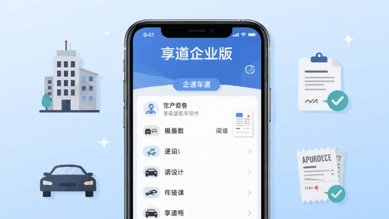 享道企业版软件官方主视觉图,画面主体为一部智能手机,手机屏幕上展示享道企业版的用车管理界面,屏幕上方有“享道企业版”字样,手机旁边散落着企业用车场景的小图标如办公楼、汽车、审批单、发票等元素,背景为浅蓝色渐变,整体采用扁平化商务插画风格,布局居中对称,细节清晰,画质干净高清,无多余元素