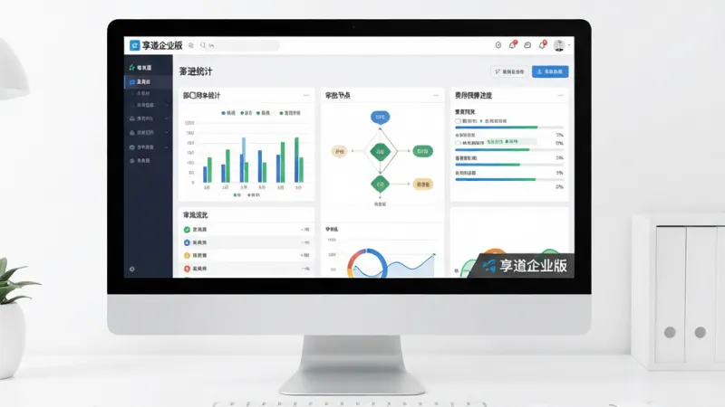 享道企业版企业用车管理后台界面展示图,画面主体为电脑屏幕,屏幕上呈现享道企业版的多层级管理面板,包含部门用车统计图表、审批流程节点、费用预算进度条等模块,屏幕右下角有“享道企业版”标识,背景为简洁的白色办公桌面,风格为现代商务扁平化设计,布局规整,细节清晰,画质干净,无多余元素