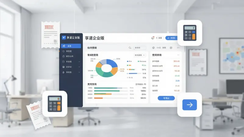 享道企业版统一结算与智能对账功能展示图,画面主体为一张悬浮的电子账单界面,账单上显示“享道企业版”字样和多维度费用拆解图表,账单周围环绕着发票图标、计算器图标和导出按钮图标,背景为浅灰色商务场景,风格为清新简约的扁平化设计,布局清晰,细节丰富,画质干净,无多余元素