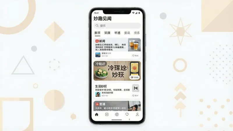 一幅手机应用界面展示图，画面中央是一部竖屏安卓手机，屏幕内呈现「妙趣见闻」信息流首页，顶部有搜索框与频道标签，中部为图文卡片列表，包含新闻、冷知识、生活妙招等不同内容样式，底部为导航栏；手机周围以简洁的浅色几何图形做点缀，整体布局居中对称，风格为清爽扁平化UI展示风，细节上注意卡片圆角、图标清晰、文字排版整齐，画质高清，画面干净，无多余元素