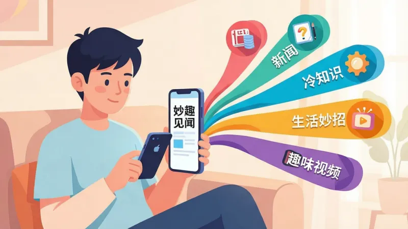 一幅AI生成的场景插画，画面主体为一位年轻人坐在沙发上使用手机浏览「妙趣见闻」，手机屏幕向外发散出多条彩色内容流，分别标注新闻、冷知识、生活妙招、趣味视频等图标，布局为人物居左、内容流居右展开，风格为现代扁平插画风，细节上注意光线柔和、色彩明快、图标辨识度高，画质高清，画面干净，无多余元素