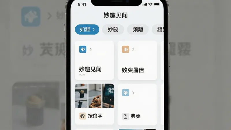 一幅手机界面分栏展示图，画面为「妙趣见闻」频道切换界面，顶部横向排列多个频道标签，下方以网格形式展示各频道的内容缩略卡片，卡片上带有分类图标与简短标题，布局为上下结构、网格对齐，风格为清爽浅色UI风，细节上注意标签选中态高亮、卡片间距均匀、图标简洁，画质高清，画面干净，无多余元素