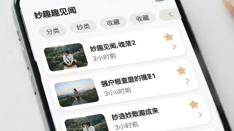 一幅手机应用收藏页面展示图，画面为「妙趣见闻」个人收藏界面，页面内以列表形式排列已收藏的图文卡片，每张卡片左侧为缩略图、右侧为标题与收藏时间，顶部有分类筛选标签，布局为纵向列表、留白充足，风格为柔和圆角卡片风，细节上注意收藏图标状态清晰、文字层级分明，画质高清，画面干净，无多余元素