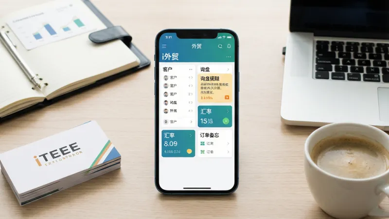 一张展示手机端外贸业务管理应用界面的场景图，画面中央是一部竖屏智能手机，屏幕上显示“i外贸”应用主工作台，包含客户列表、询盘提醒、汇率卡片和订单备忘四个模块，手机左侧放置一叠外贸名片与一本翻开的笔记本，右侧有一杯咖啡和一台笔记本电脑，背景为简洁的浅木色办公桌面，整体采用明亮写实的商业摄影风格，光线柔和均匀，画面干净整洁，无多余装饰元素，高清画质