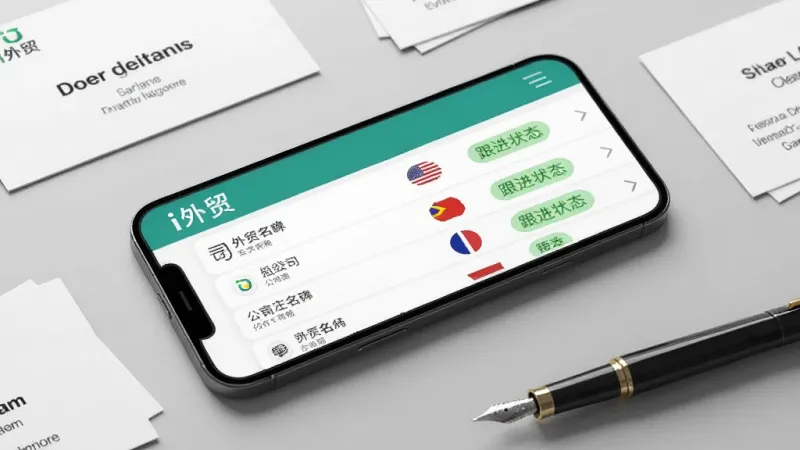 画面主体为一部横放的智能手机，屏幕显示“i外贸”客户管理列表界面，列表项包含公司名称、国家旗帜图标与跟进状态标签，手机周围散落着几张带有英文公司名的名片和一支钢笔，背景为浅灰色桌面，构图采用俯拍视角，风格为干净简约的商务静物摄影，细节清晰，画质细腻，画面无杂乱元素
