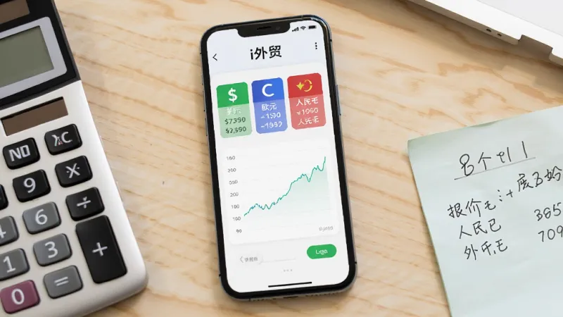 一部竖屏手机放置在办公桌中央，屏幕显示“i外贸”汇率换算界面，界面中有美元、欧元、人民币三种货币的换算卡片与一条简洁的汇率走势折线，手机旁放着一个计算器和一张写有报价数字的便签纸，背景为浅色木质桌面，风格为写实商务摄影，光线自然，构图平衡，画质清晰干净