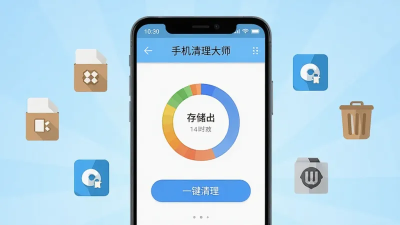 一部安卓手机屏幕中央显示“手机清理大师”应用主界面,界面中有圆形存储占用图表和“一键清理”按钮,手机周围漂浮着缓存文件图标、安装包图标和垃圾桶图标,背景为浅蓝色渐变,整体风格清爽扁平化,布局居中对称,细节清晰,画质干净锐利,无多余元素