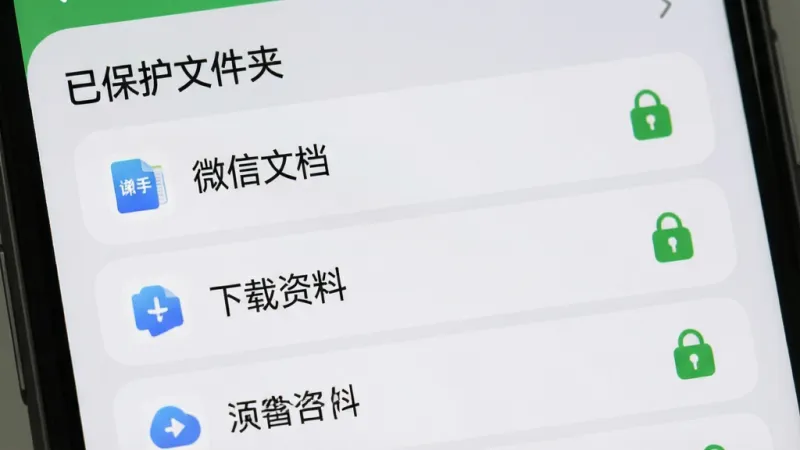 手机清理大师白名单设置页面,屏幕中显示“已保护文件夹”列表,包含“微信文档”“下载资料”等条目,每条后面有绿色锁形图标,界面风格柔和圆角卡片,配色为浅灰与绿色,画质干净,无多余装饰