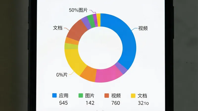 手机清理大师存储分析页面,屏幕中央为彩色环形图,分别标注“应用”“图片”“视频”“文档”等类别占比,下方为对应颜色图例和数值,背景为纯白,排版整齐,风格数据可视化,画质清晰锐利,无多余元素